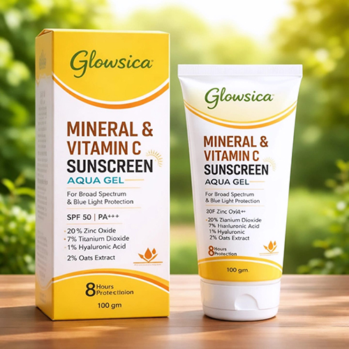 Glowsica Mineral + Vitamin C Sunscreen Aqua Gel contains 20% Zinc Oxide+ 7% Titanium Dioxide+ 1% Hya