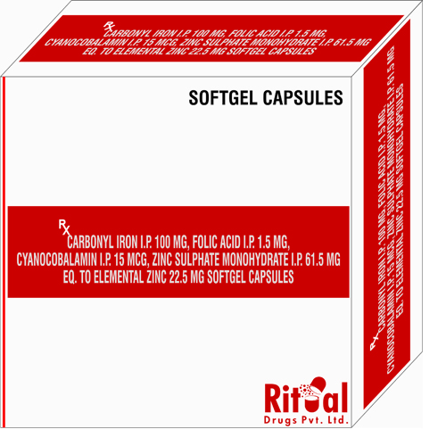 Carbonyl Iron 100mg+ Folic Acid 1.5mg + Cyanocobalamin 15mcg + Zinc Sulphate 61.5mg + Zinc 22.5 mg