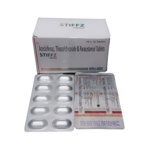 Aceclofenac 100mg + Paracetamol 325mg + Thiocolchicoside 4mg/8mg Tablets